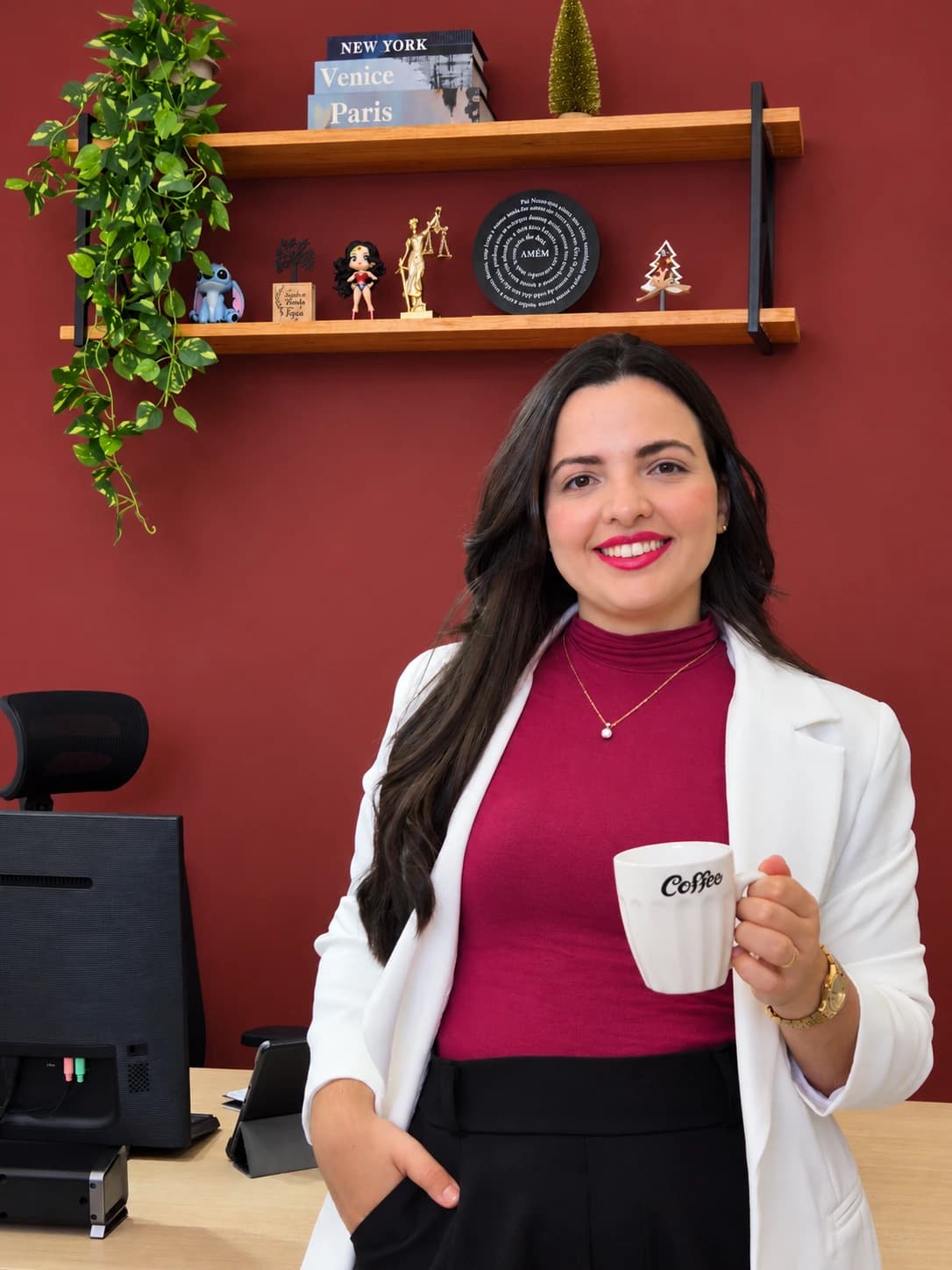 Lara Lívyna sorrindo com uma xícara em seu escritório
