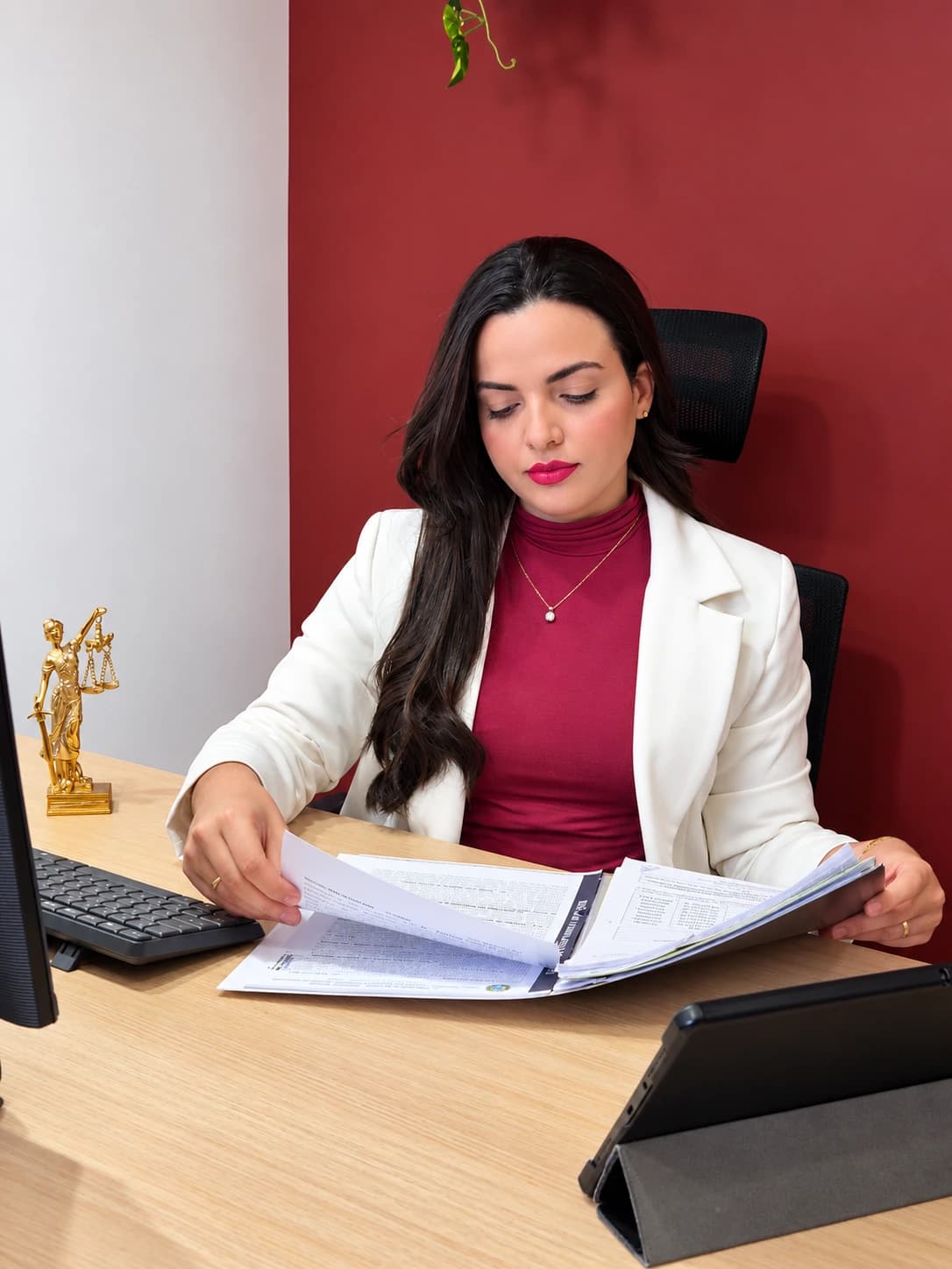 Lara Lívyna analisando documentos na mesa do escritório